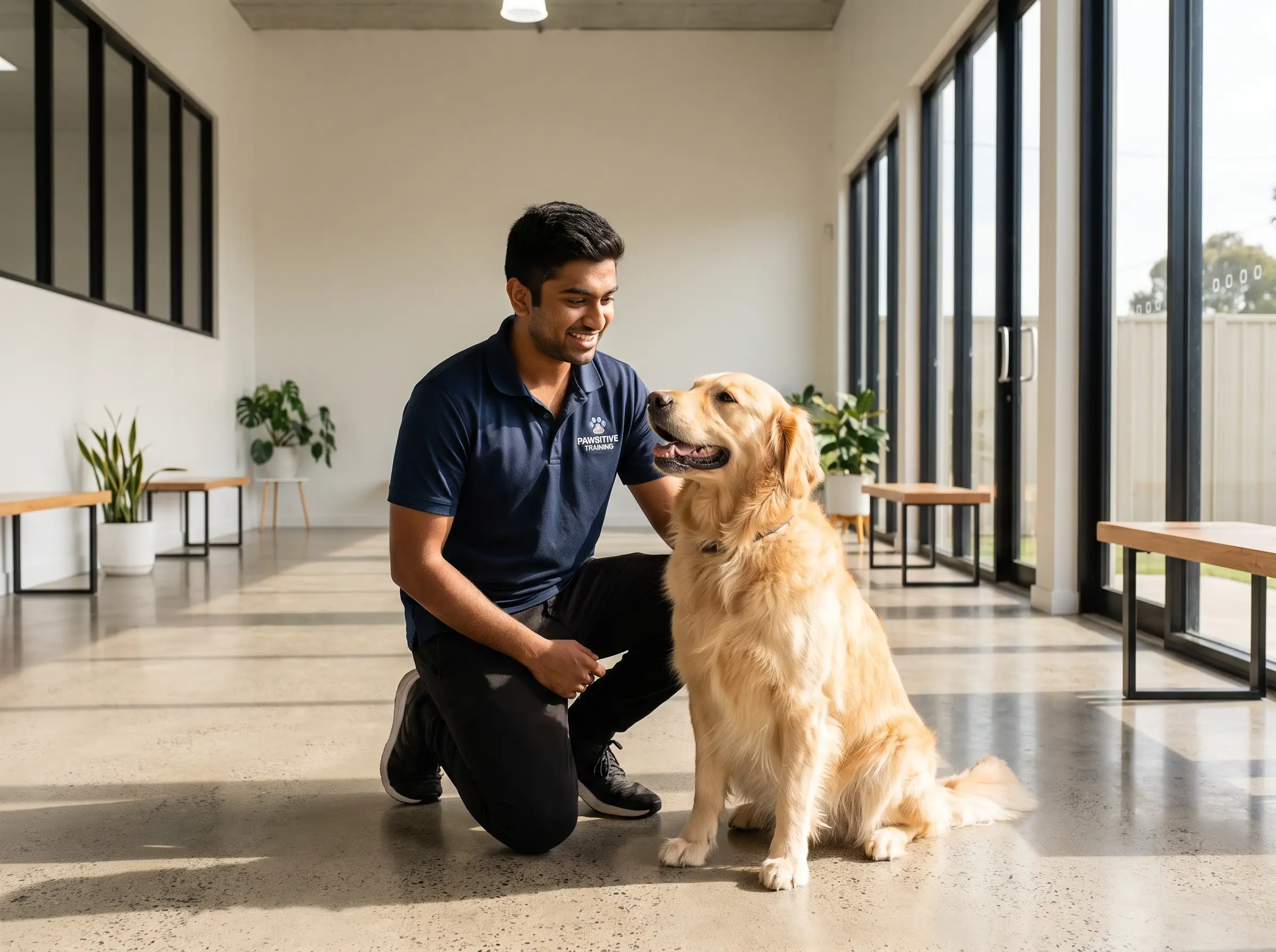 Dog trainer with golden retriever
